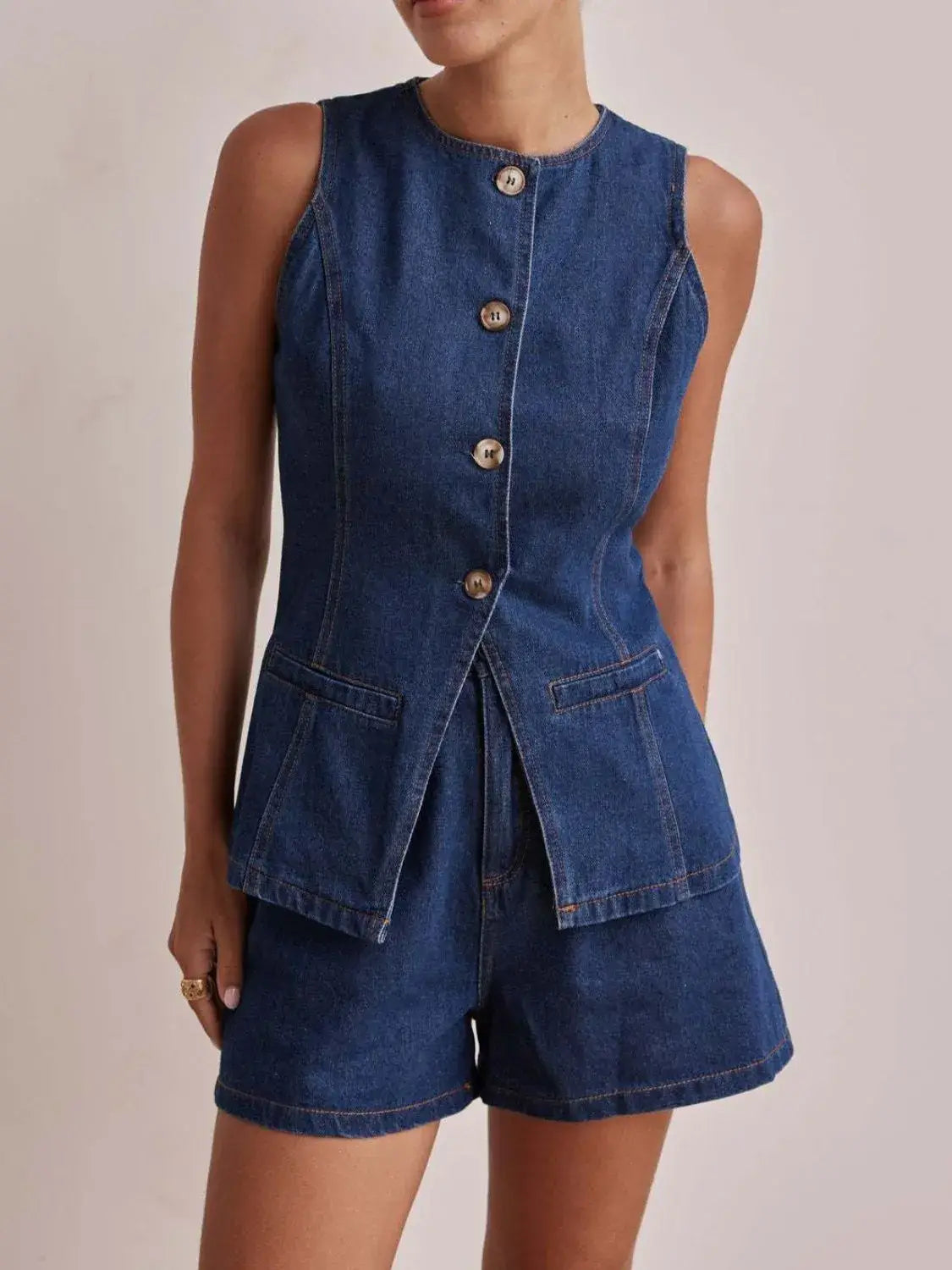Button Down Vest and Shorts Denim Set - Trendsi - Flyclothing LLC