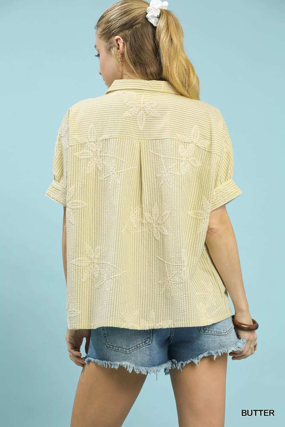 Umgee Striped Embroidered Blouse with Scallop Trim - Trendsi - Flyclothing LLC