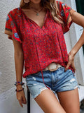 Printed Tie Neck Short Sleeve Blouse - Trendsi - Flyclothing LLC