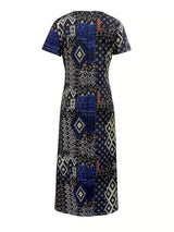 Plus Size Geometric Print V-Neck Short Sleeve Dress - Trendsi - Flyclothing LLC
