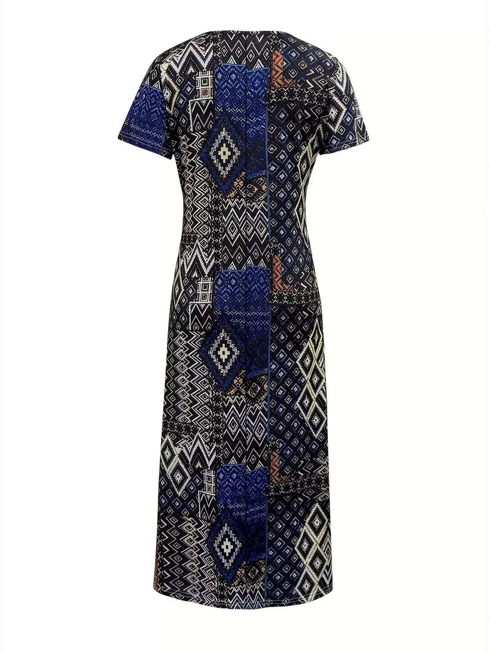 Plus Size Geometric Print V-Neck Short Sleeve Dress - Trendsi - Flyclothing LLC