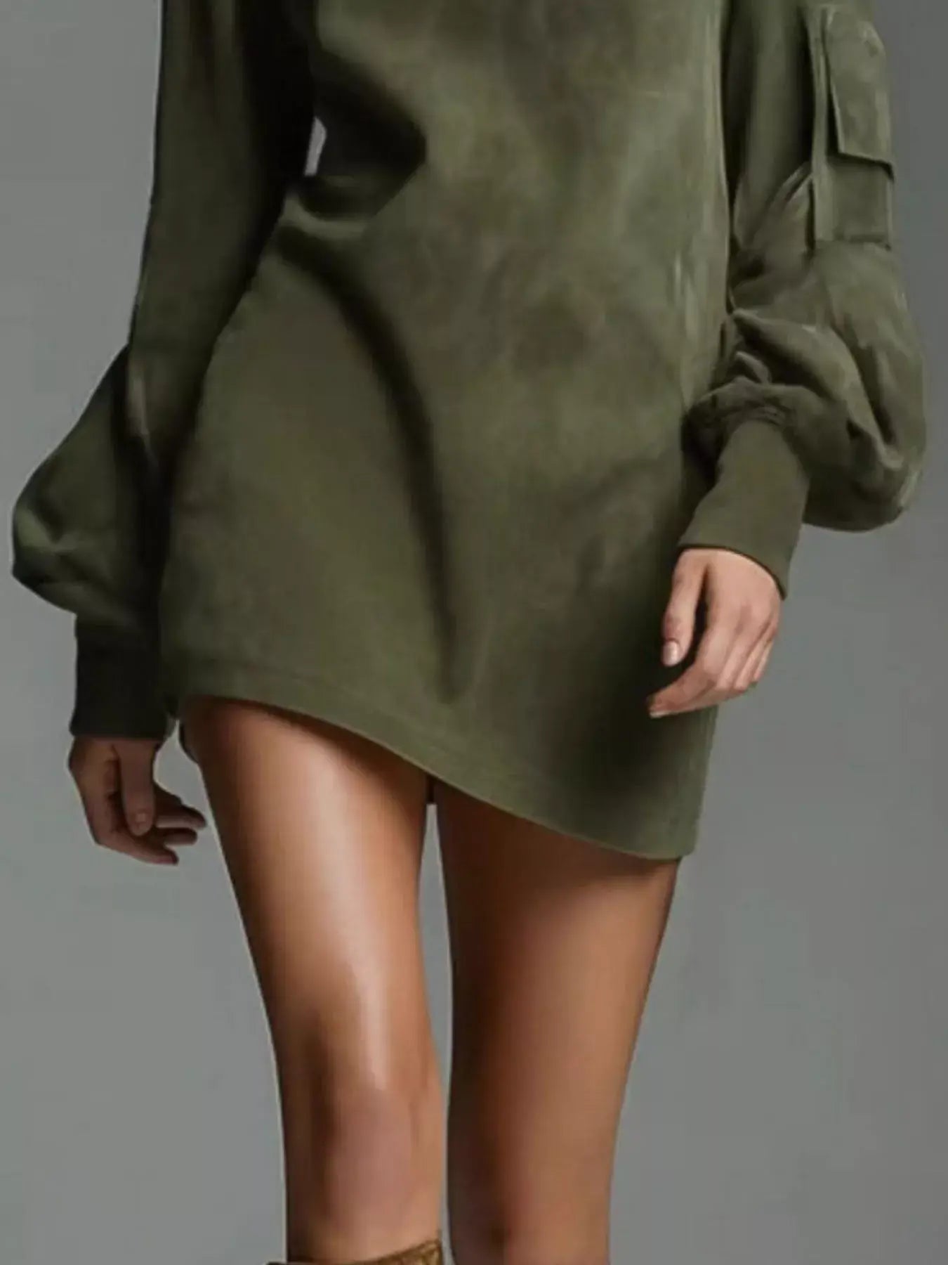 Full Size Suede Turtleneck Lantern Sleeve Mini Dress Plus Size - Trendsi - Flyclothing LLC