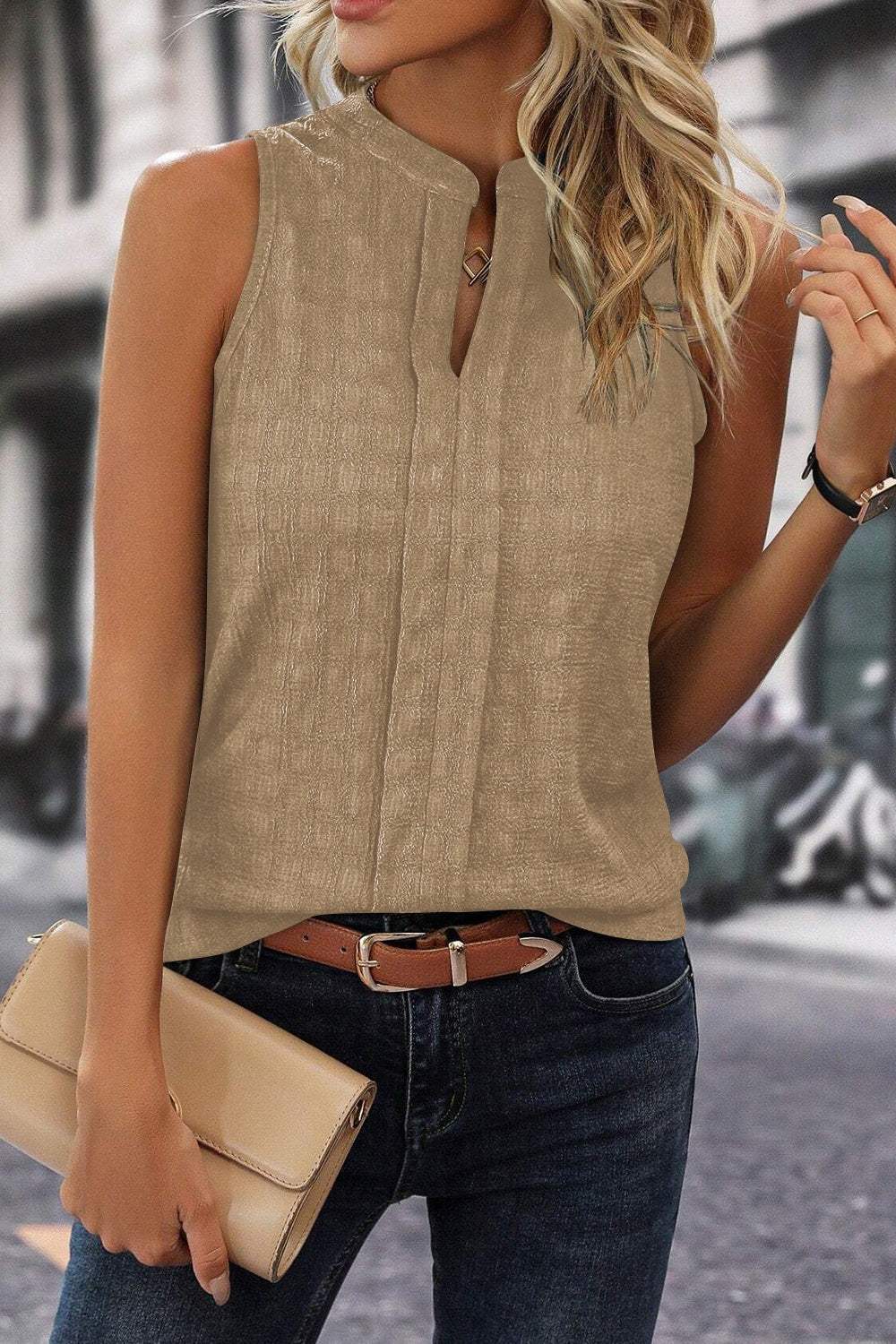 Textured Notched Tank - Trendsi - Flyclothing LLC
