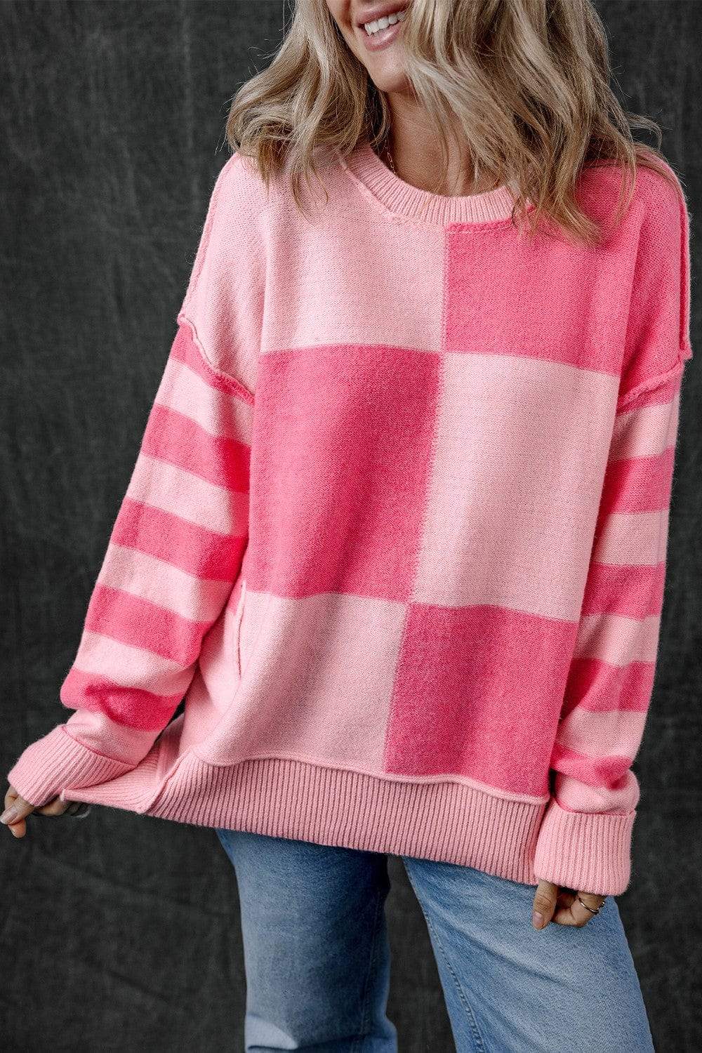 Exposed Seam Round Neck Sweater - Trendsi - Flyclothing LLC