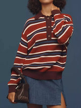 Striped Button Detail Polo Collar Sweater - Trendsi - Flyclothing LLC