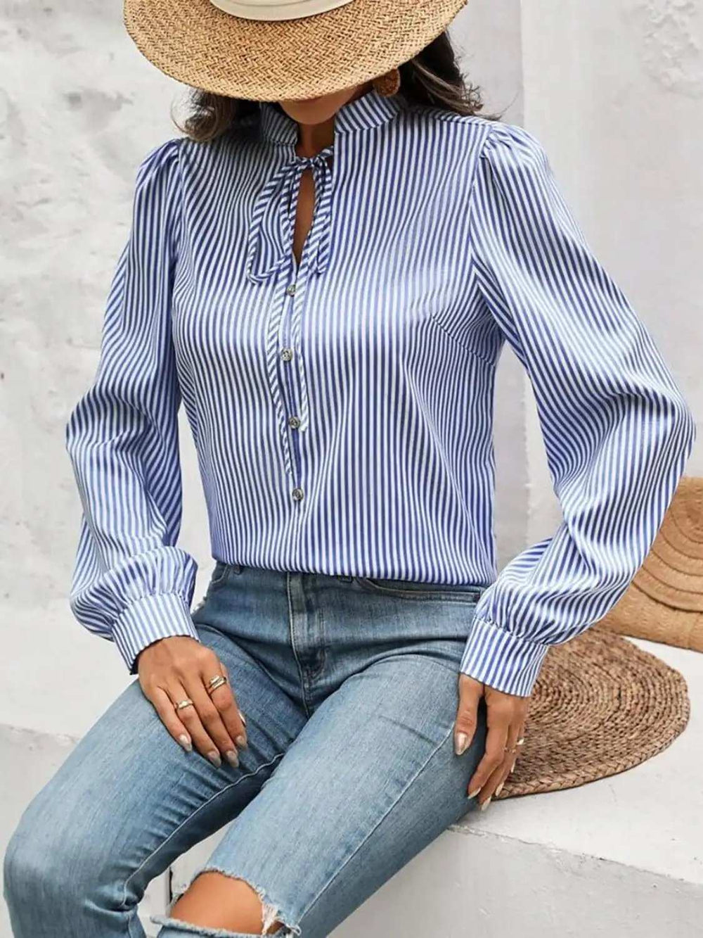 Striped Tie Neck Long Sleeve Blouse - Trendsi - Flyclothing LLC