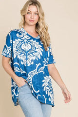 BOMBOM Printed Relaxed V-Neck Tunic Top - Trendsi - Flyclothing LLC