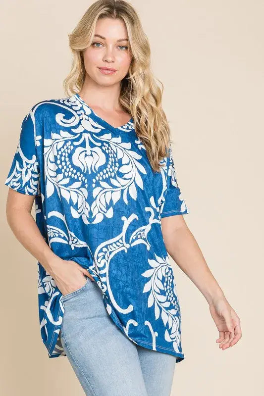 BOMBOM Printed Relaxed V-Neck Tunic Top - Trendsi - Flyclothing LLC
