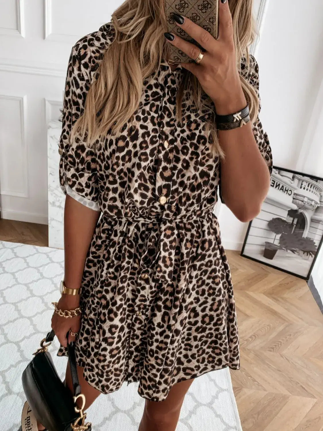 Printed Tie Waist Roll-Tab Sleeve Mini Dress - Trendsi - Flyclothing LLC