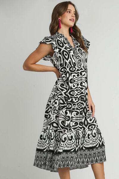 Umgee Full Size Two Tone Border Print Ruffle Cap Sleeve Midi Dress Plus Size - Trendsi - Flyclothing LLC