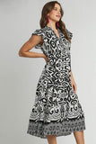 Umgee Full Size Two Tone Border Print Ruffle Cap Sleeve Midi Dress Plus Size - Trendsi