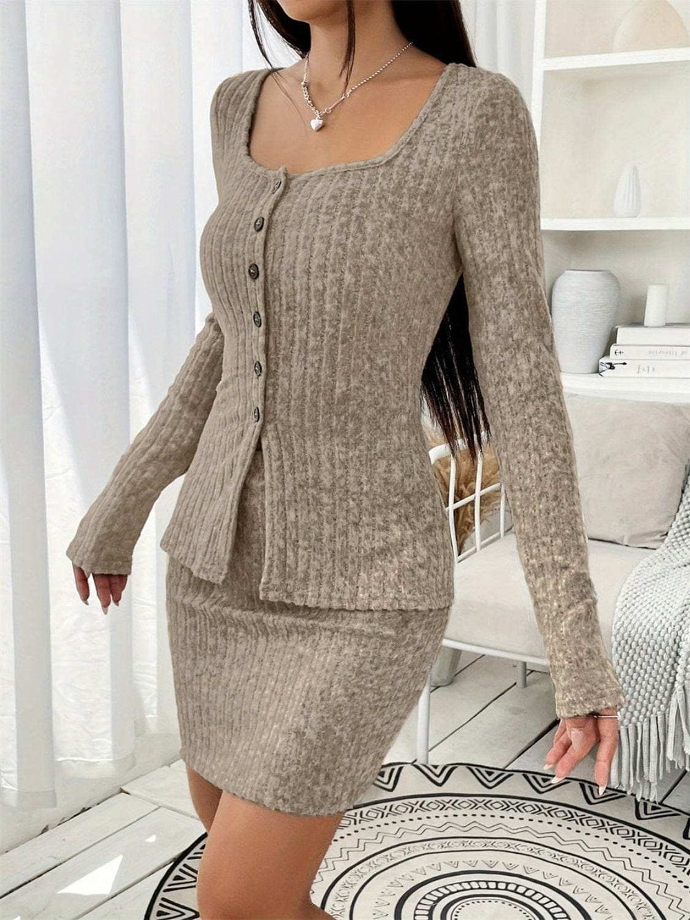 Square Neck Button Up Long Sleeve Top and Skirt Set - Trendsi - Flyclothing LLC