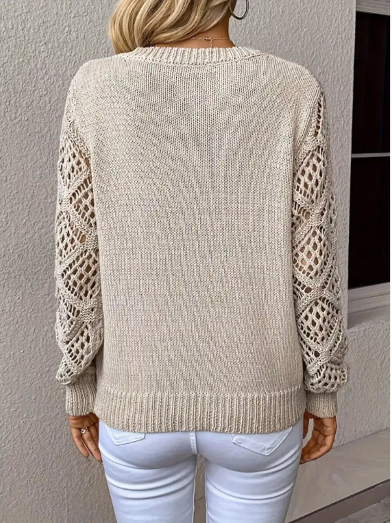 V-Neck Crochet Sleeve Sweater - Trendsi - Flyclothing LLC