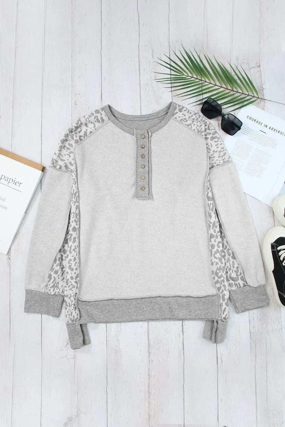 Exposed Seam Leopard Long Sleeve Sweatshirt - Trendsi - Flyclothing LLC