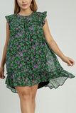 Umgee Full Size Smocked Detail Floral Metallic Ruffle Cap Sleeve Dress Plus Size - Trendsi