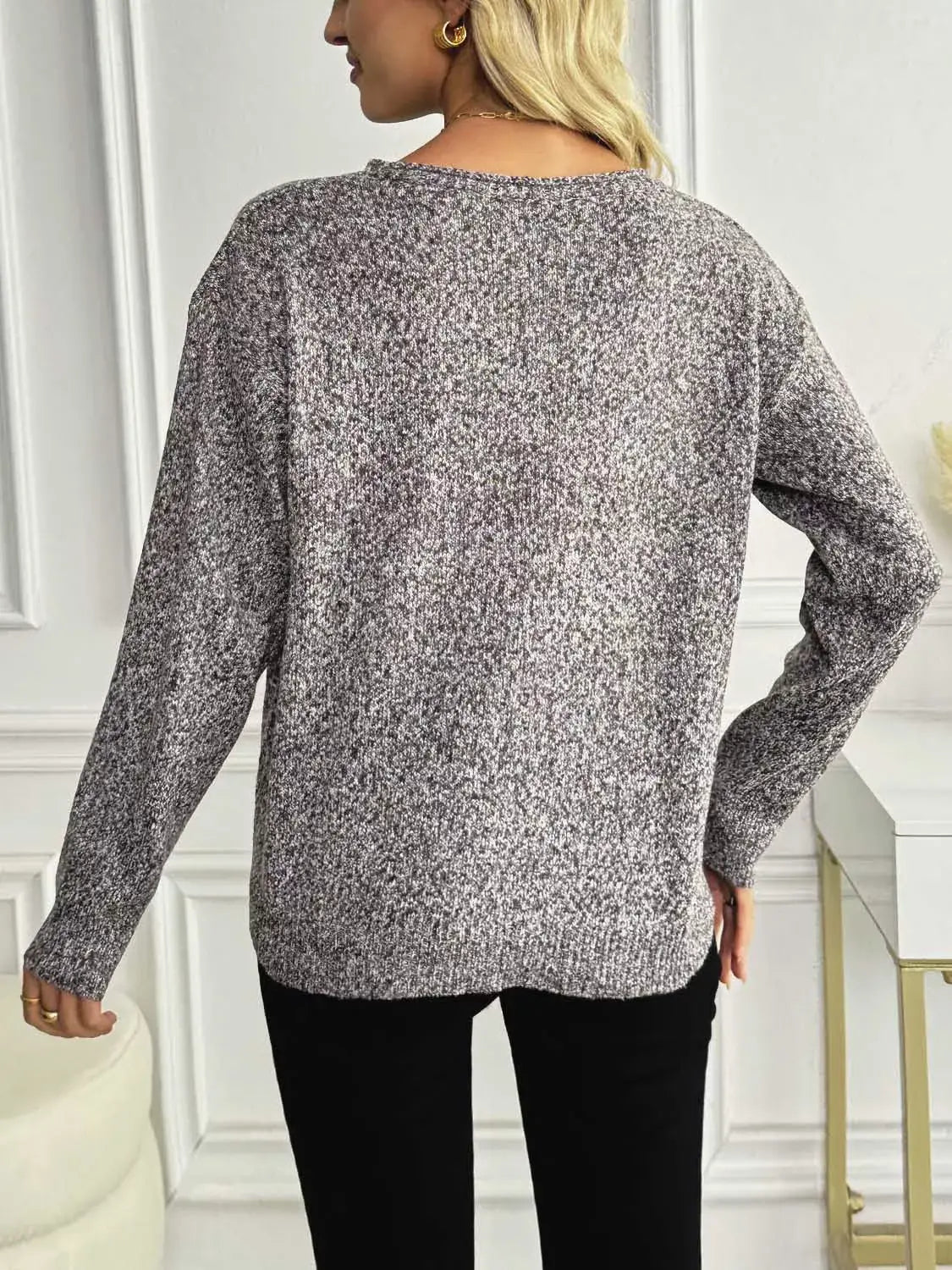 Casual V-Neck Drop Shoulder Sweater - Trendsi - Flyclothing LLC