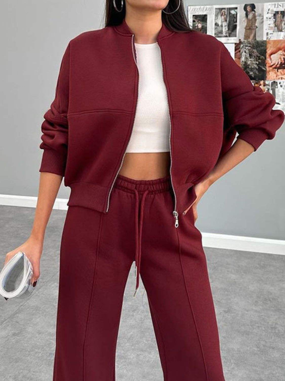 Baseball Collar Zip Up Top and Drawstring Paants Set - Trendsi - Flyclothing LLC