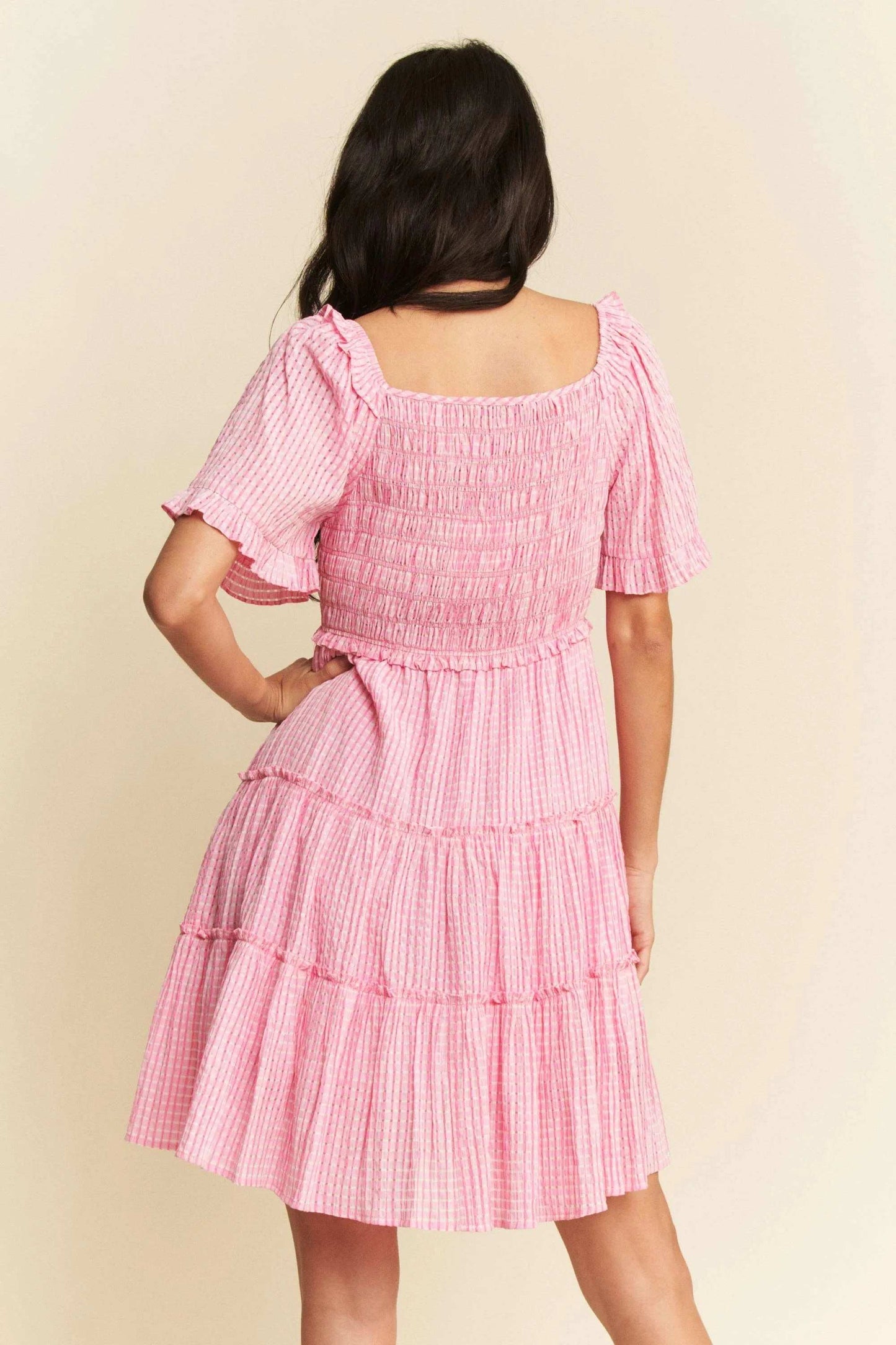 Davi & Dani Jacquard Checker Smocking Tiered Dress - Trendsi - Flyclothing LLC