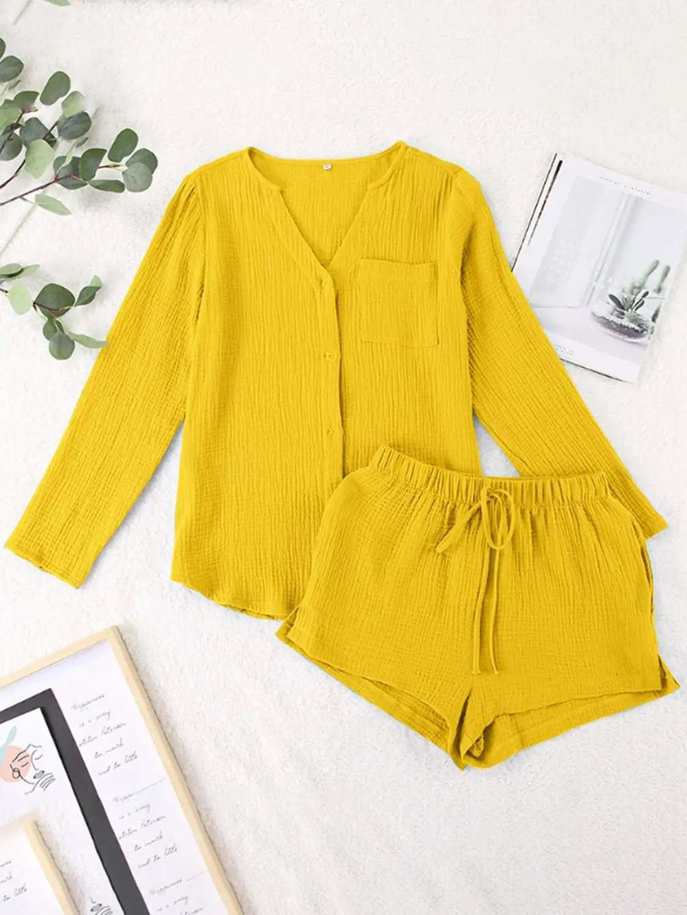 Notched Long Sleeve Top and Shorts Set - Trendsi - Flyclothing LLC