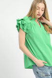Umgee Textured Ruffle Sleeve Notched Top - Trendsi - Flyclothing LLC