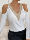 V-Neck Cold Shoulder Long Sleeve T-Shirt - Trendsi - Flyclothing LLC