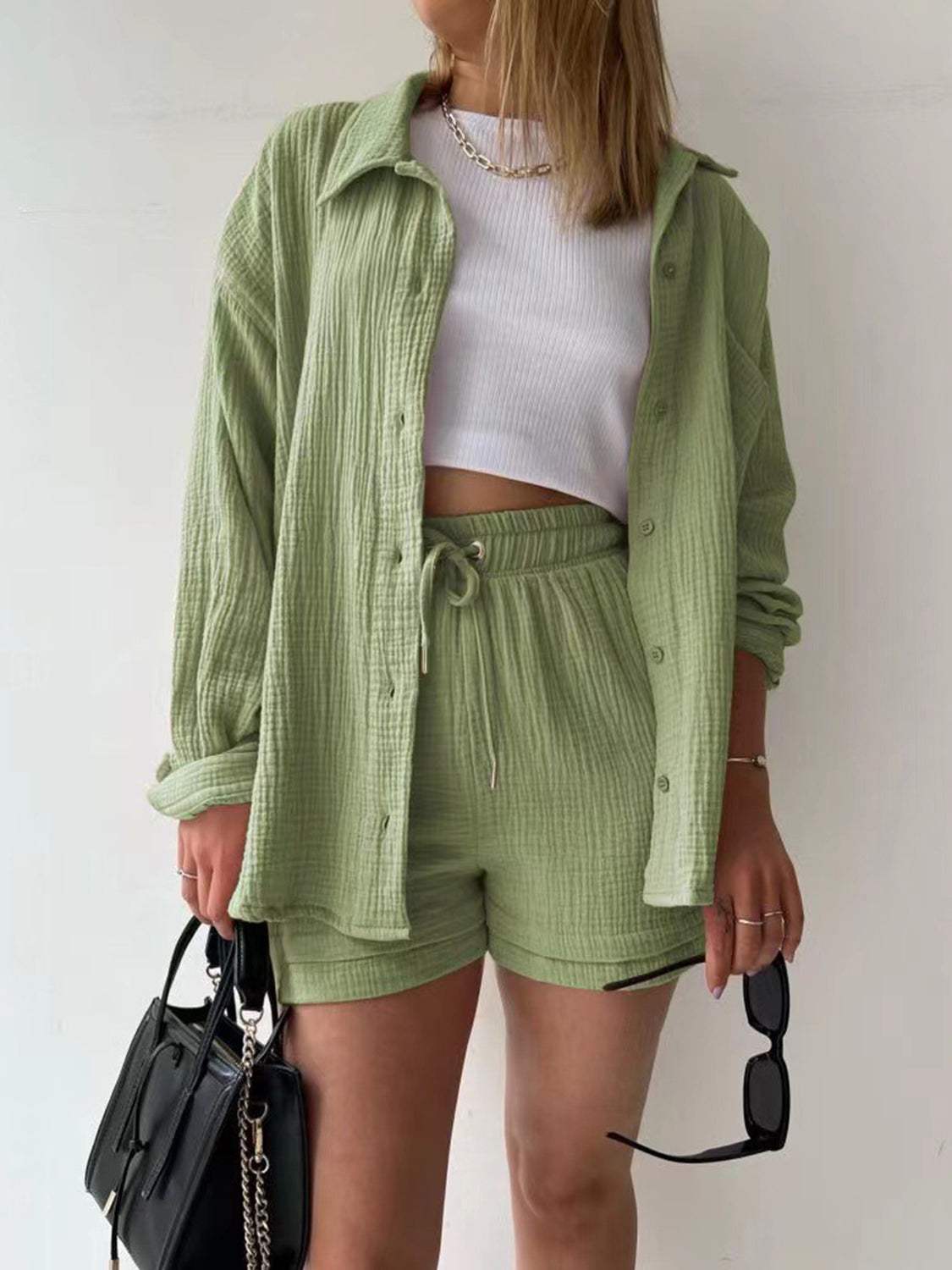 Texture Button Up Shirt and Drawstring Shorts Set - Trendsi - Flyclothing LLC