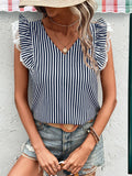 Lace Detail Ruffled Striped V-Neck Cap Sleeve Blouse - Trendsi