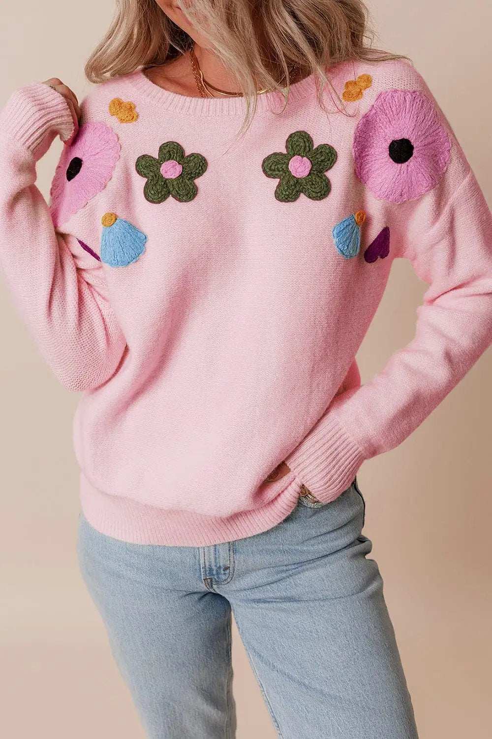 Crochet Flower Round Neck Dropped Shoulder Sweater - Trendsi - Flyclothing LLC