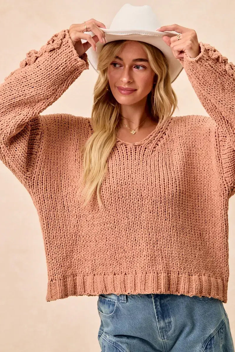 BiBi Chunky Knit Sweater with Flower Detail Sleeves - Trendsi - Flyclothing LLC