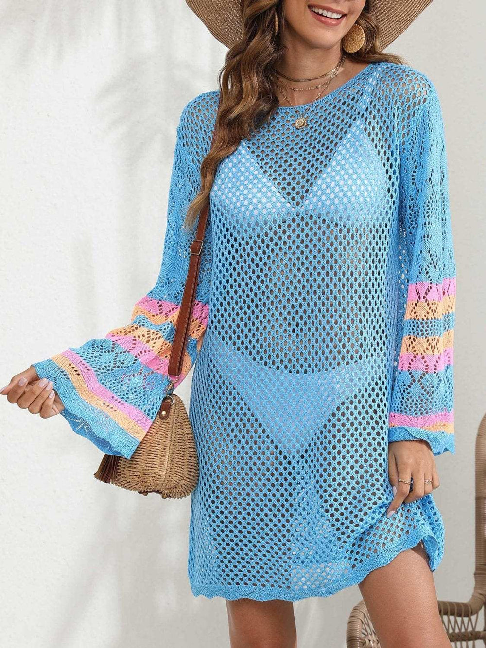 Openwork Contrast Long Sleeve Cover-Up - Trendsi - Flyclothing LLC