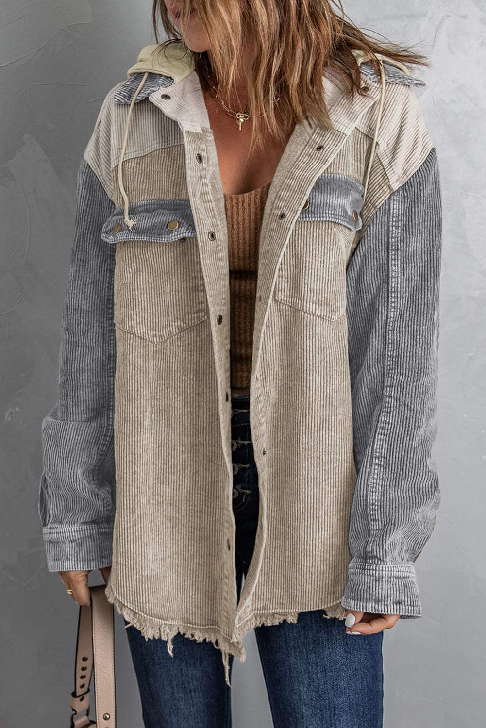 Snap Front Hooded Corduroy Shacket - Trendsi - Flyclothing LLC
