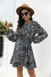 Animal Print Round Neck Balloon Sleeve Mini Dress - Trendsi