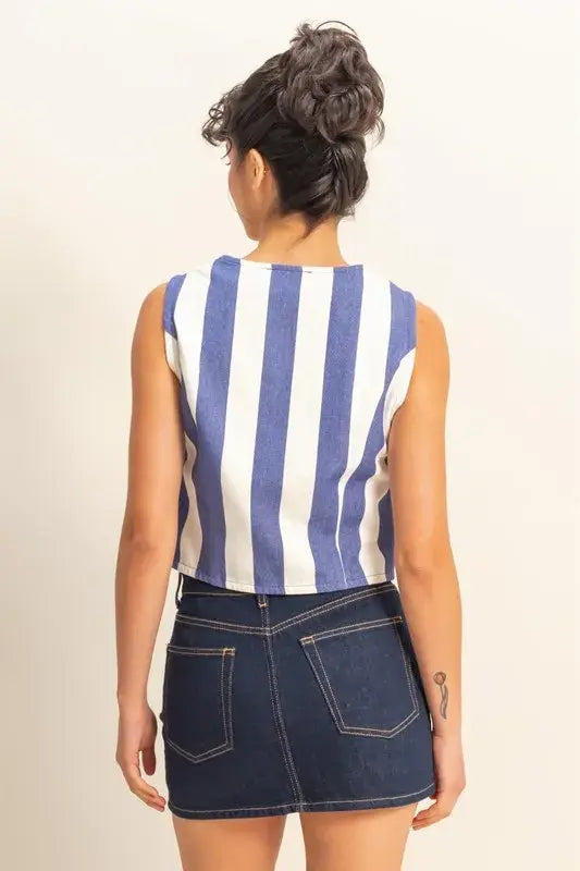 HYFVE Woven Striped V-Neck Button Down Vest - Trendsi - Flyclothing LLC