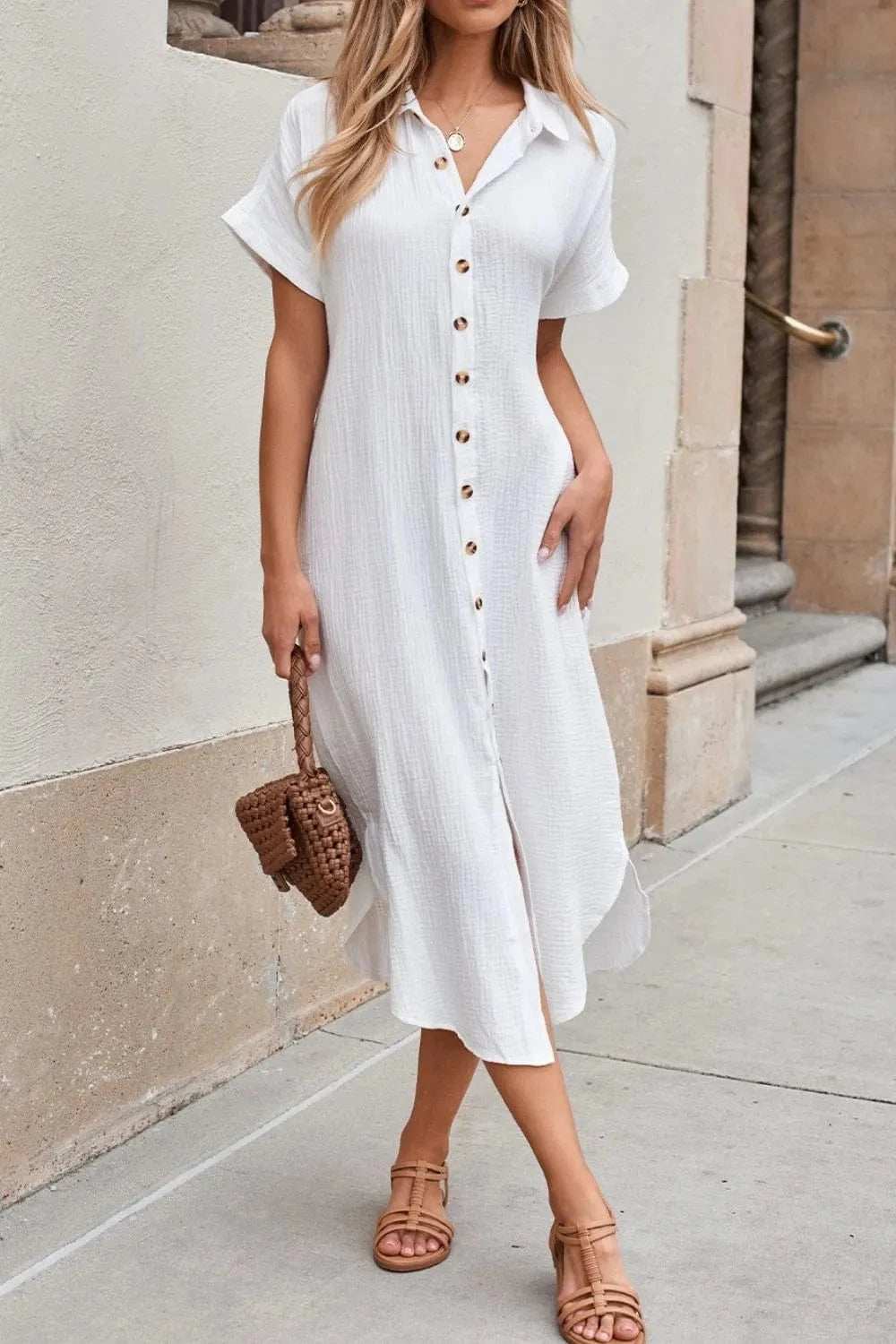 Button Down Short Sleeve Midi Shirt Dress - Trendsi - Flyclothing LLC