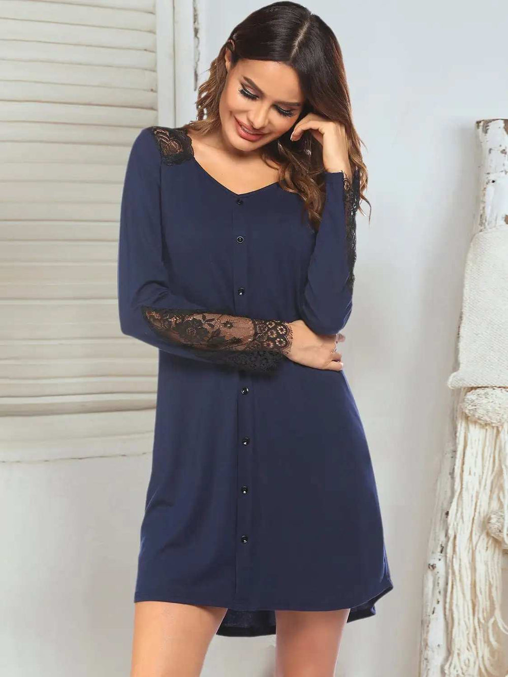 Lace Detail Long Sleeve Mini Lounge Dress - Trendsi - Flyclothing LLC