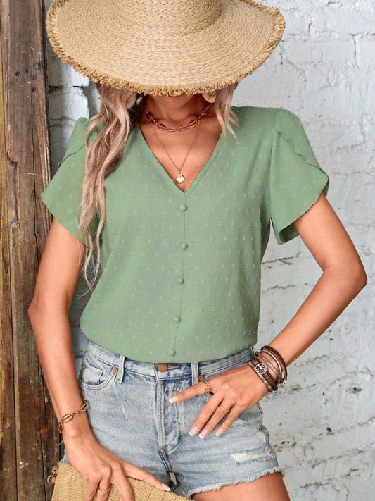 Swiss Dot V-Neck Petal Sleeve Blouse - Trendsi - Flyclothing LLC