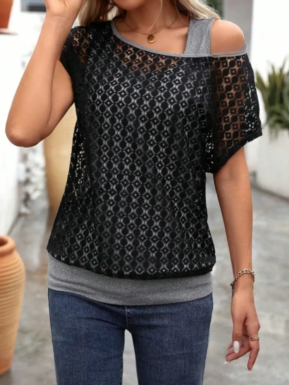 Lace Short Sleeve Fake Two Piece T-Shirt - Trendsi - Flyclothing LLC