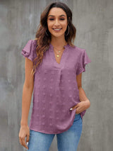 Swiss Dot Notched Cap Sleeve Blouse - Trendsi - Flyclothing LLC