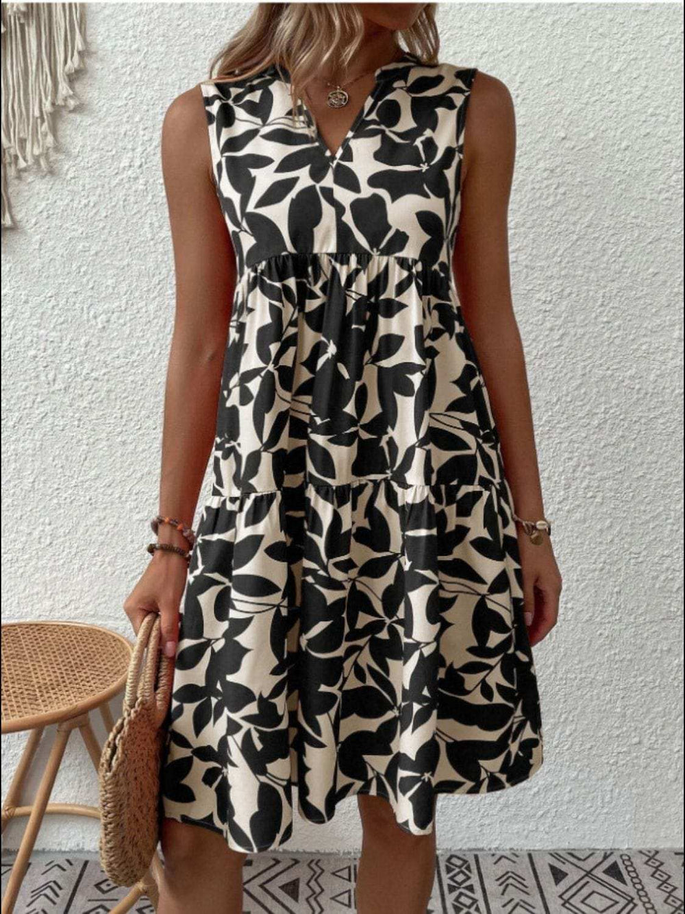 Printed Notched Sleeveless Mini Dress - Trendsi - Flyclothing LLC