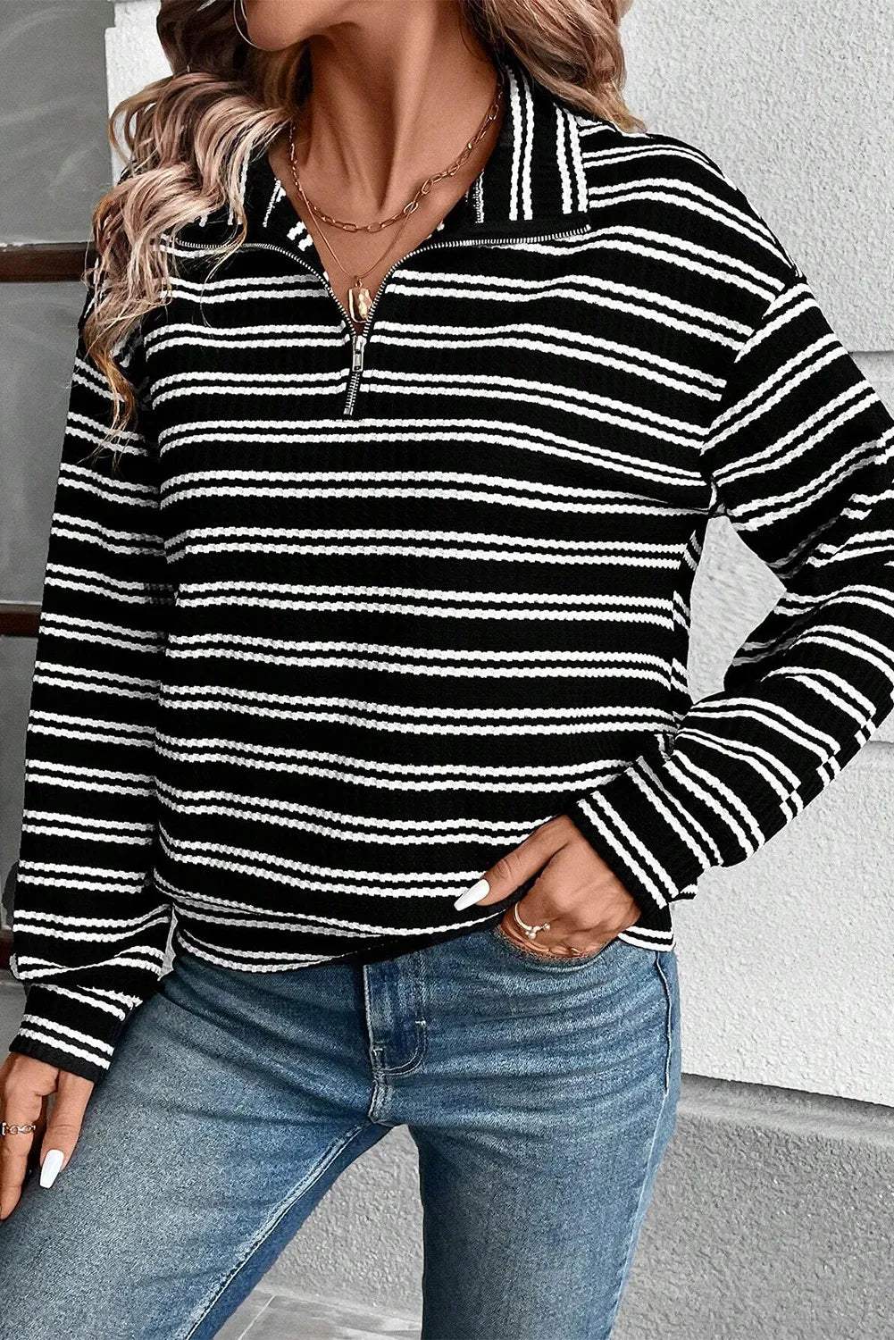 Striped Half Zip Long Sleeve Top - Trendsi - Flyclothing LLC