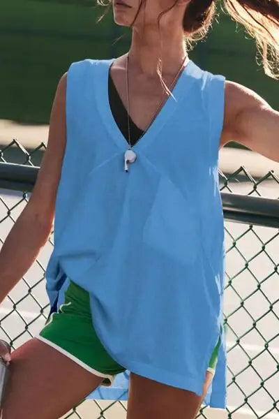 Side Slit V-Neck Tank - Trendsi - Flyclothing LLC