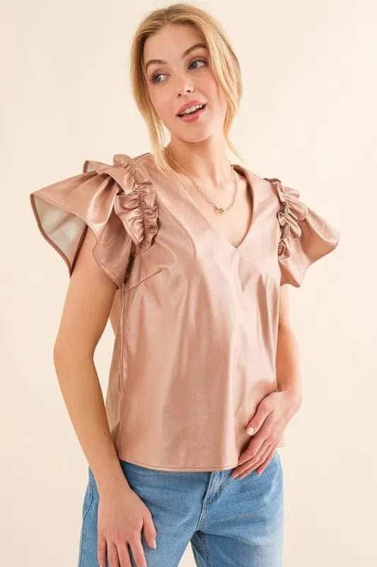 And The Why Faux Leather Ruffle Sleeves V Neck Top - Trendsi - Flyclothing LLC
