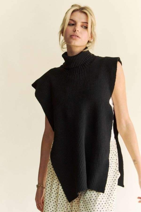 Davi & Dani Side Split Turtleneck Sleeveless Knit Top - Trendsi - Flyclothing LLC