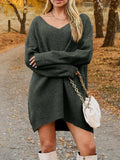 V-Neck Dropped Shoulder Sweater Dress - Trendsi - Flyclothing LLC