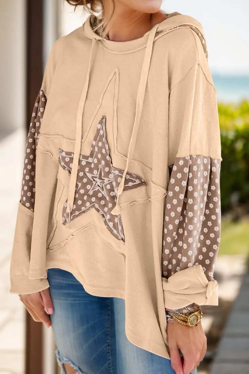 Drawstring Star Long Sleeve Hoodie - Trendsi - Flyclothing LLC