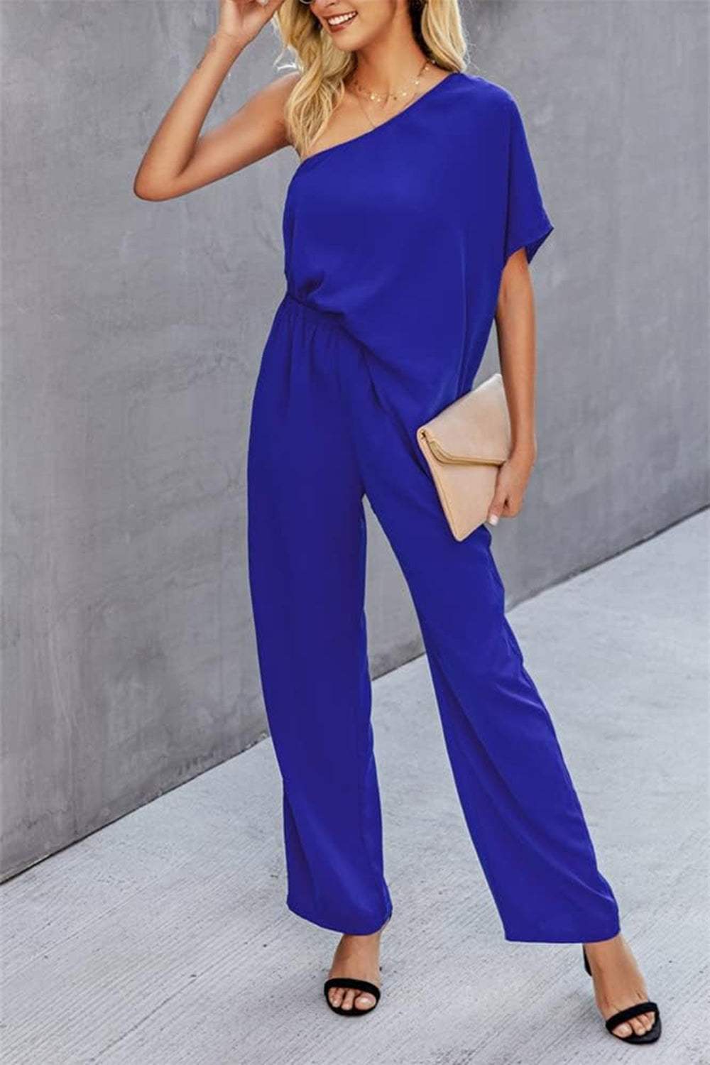 Single Shoulder Short Sleeve Jumpsuit - Trendsi - Flyclothing LLC