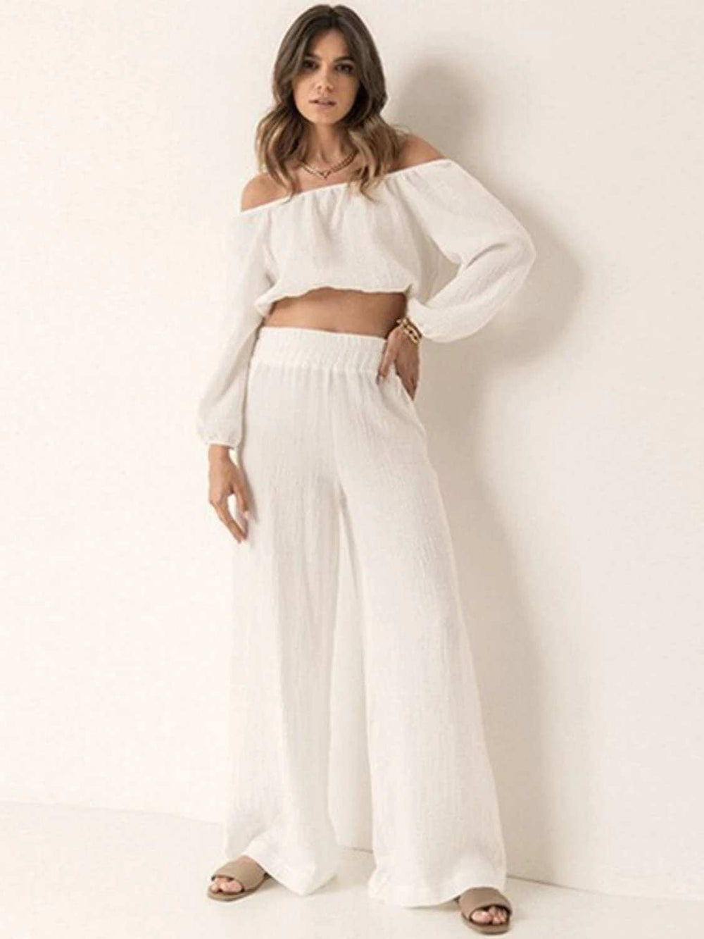 Off Shoulder Long Sleeve Top and Pants Set - Trendsi - Flyclothing LLC