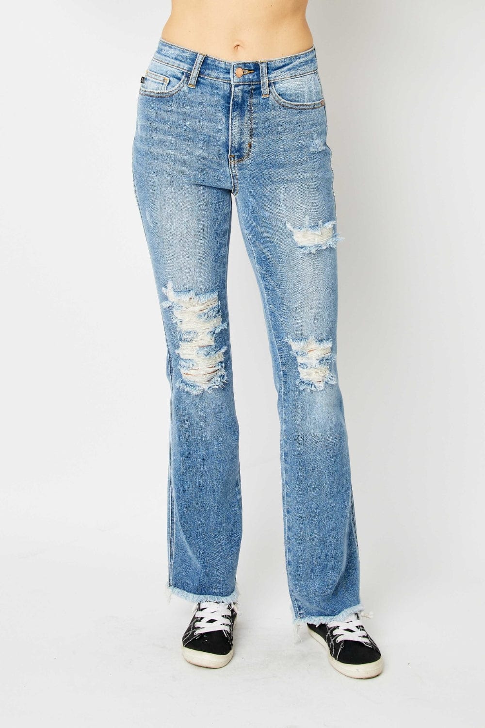 Judy Blue Full Size Distressed Raw Hem Bootcut Jeans - Trendsi