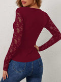 Lace Wavy Hem V-Neck Long Sleeve Top - Trendsi - Flyclothing LLC