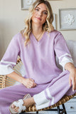 First Love Contrast V Neck Ribbed Knit Top - Trendsi